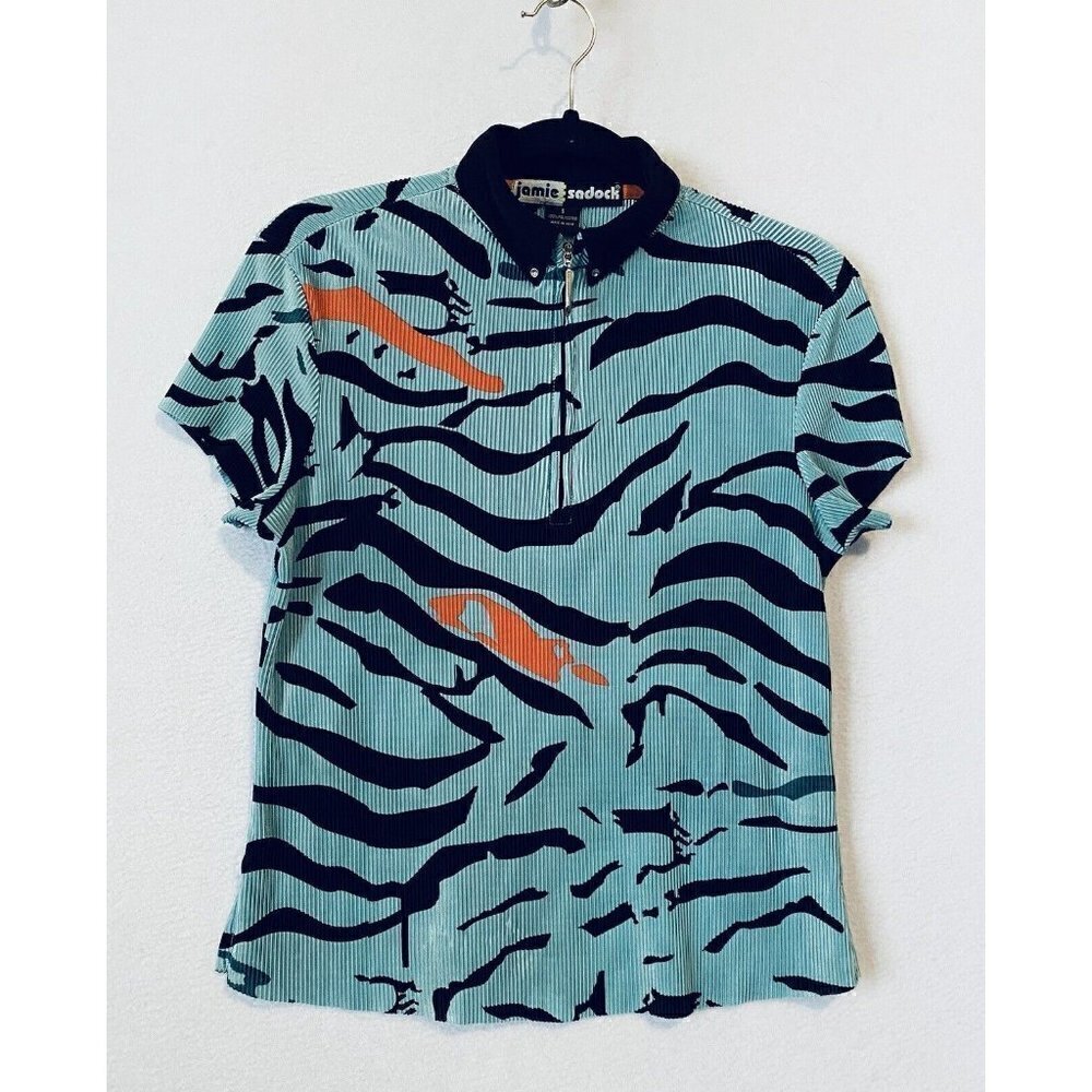 Jamie Sadock Golf Shirt Womens Small Crinkle 1/4 Zip Polo Geometric Print Green
